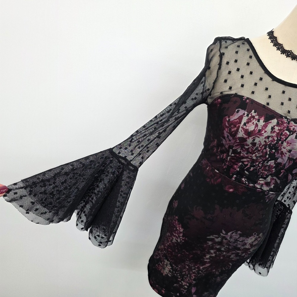 Venus Womens 4 Black Mesh‎ Floral Bodycon Dress Sheer Bell Sleeve Whimsigoth - Picture 9 of 16